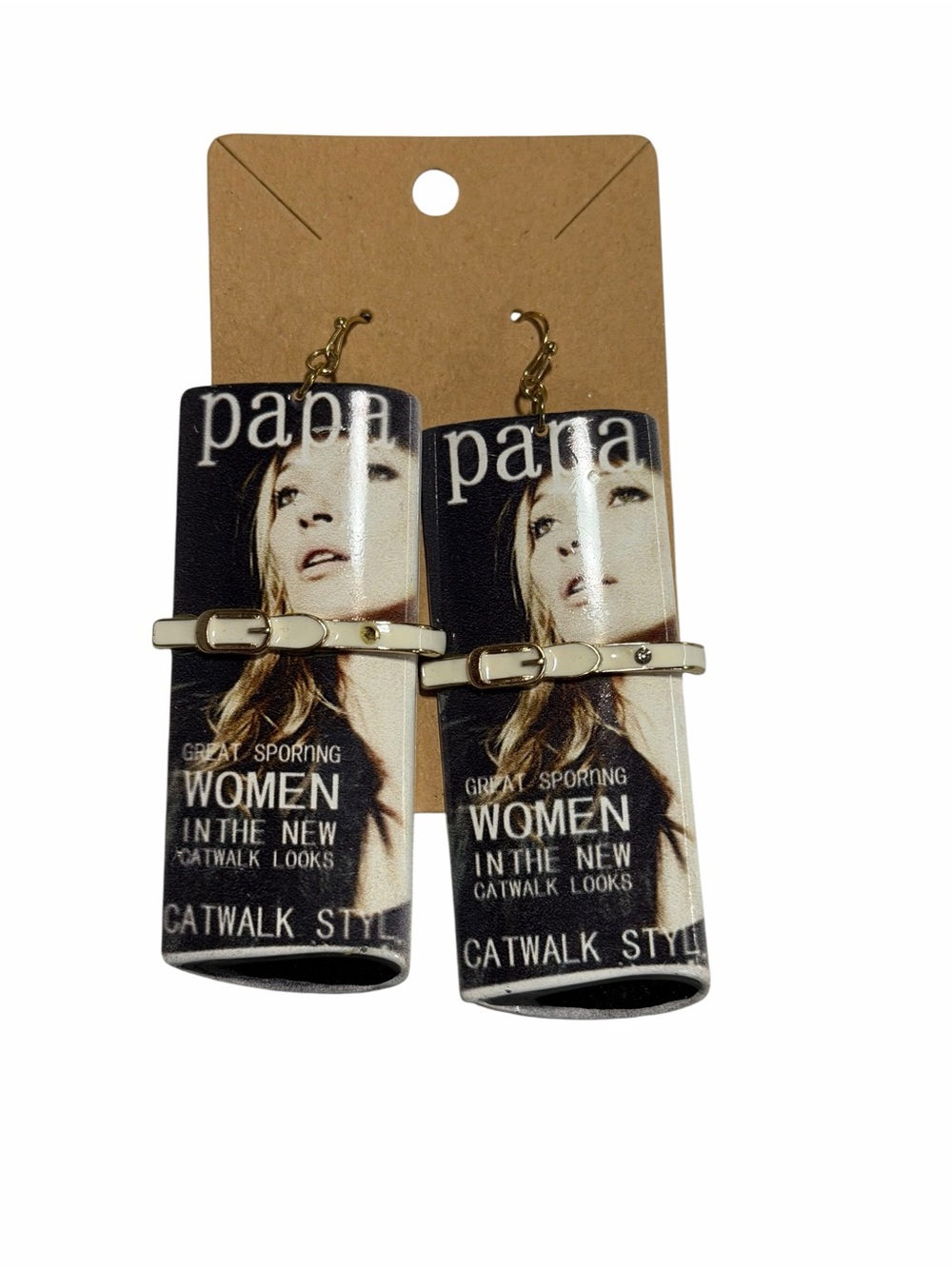 Bauer Black and Cream Magazine-Print Dangle Earrings with Gold Buckle